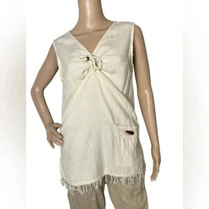 Nubian Queen Linen Sleeveless Tunic Fringe Hem V Neck Top Womens Size 4X Cream